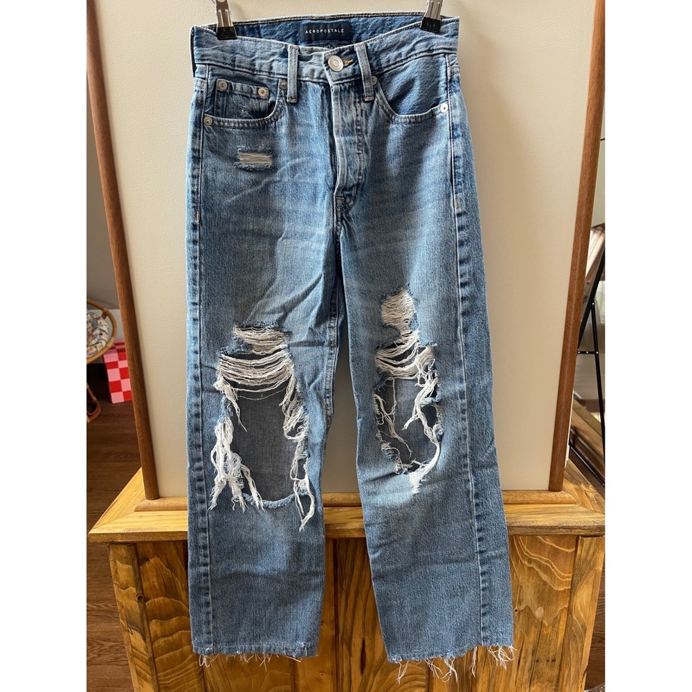 Aeropostale 90s Baggy Jeans Womens 000 Blue Distressed High Rise Fly